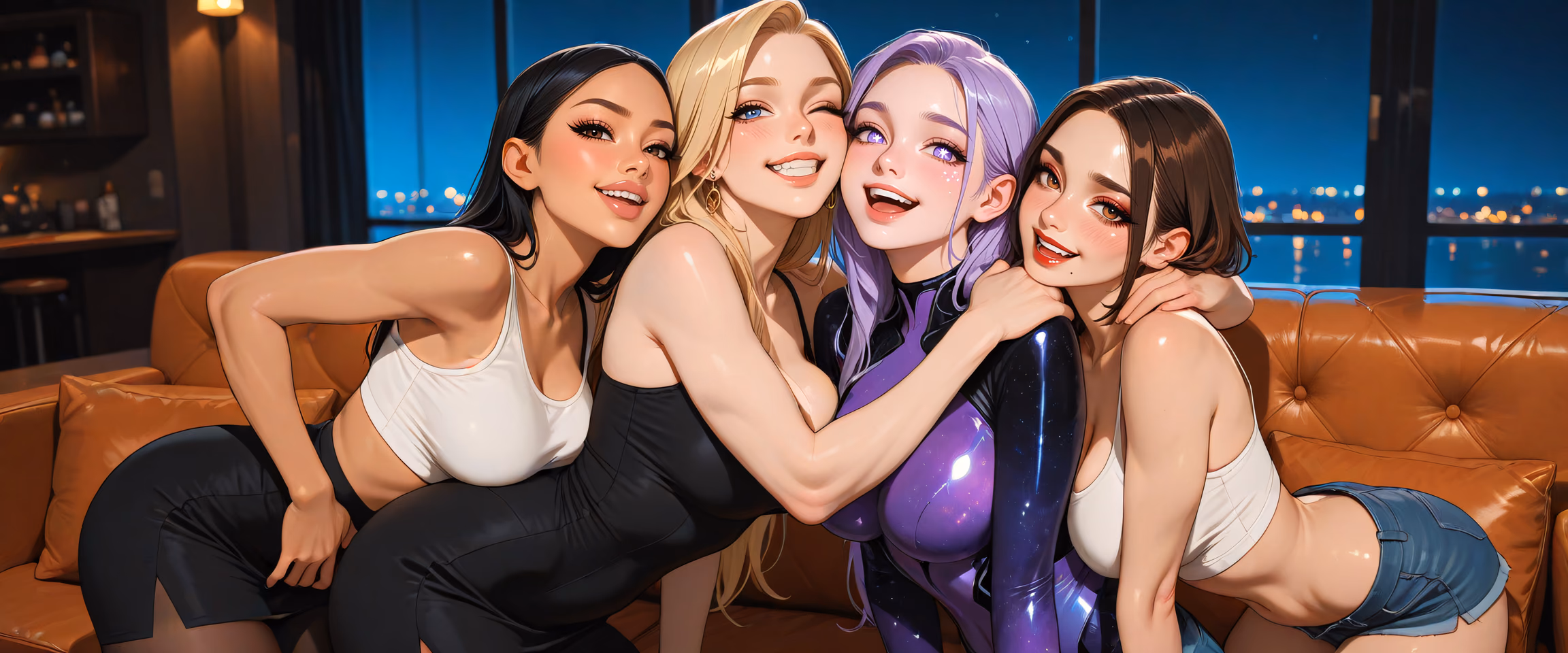 Farah, Lena, Astra und Rin, vier Futa-KI-Freundinnen auf Paramour.chat, lachen Wange an Wange bei einem Mädelsabend.