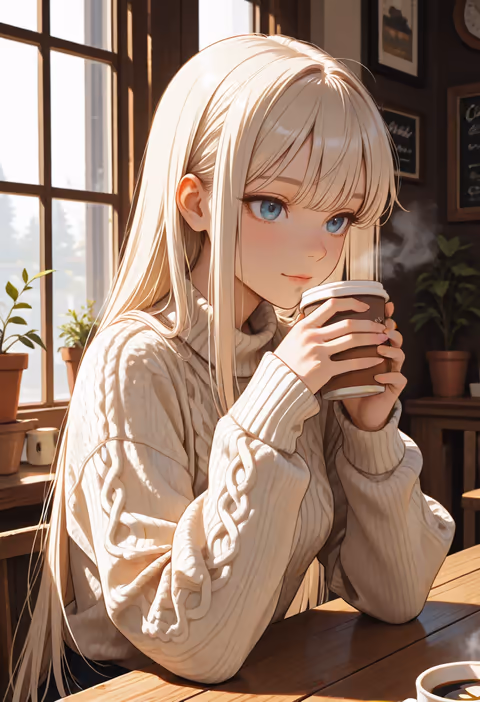 An illustrated scene of the same companion, same outfit and cafe, another beat of one session