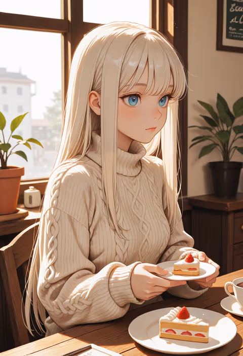 An illustrated scene of the same companion, same outfit and cafe, another beat of one session