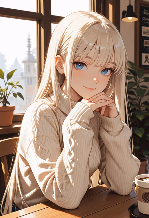 An illustrated scene of the same companion, same outfit and cafe, another beat of one session