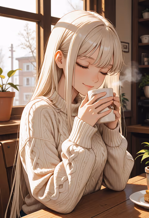 An illustrated scene of the same companion, same outfit and cafe, another beat of one session