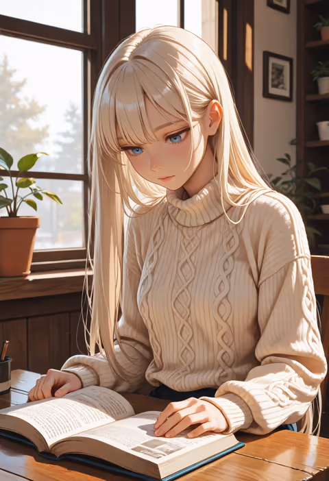 An illustrated scene of the same companion, same outfit and cafe, another beat of one session
