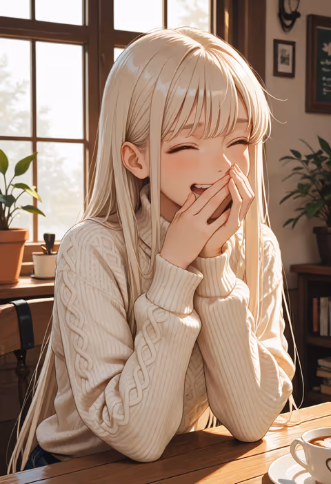 An illustrated scene of the same companion, same outfit and cafe, another beat of one session