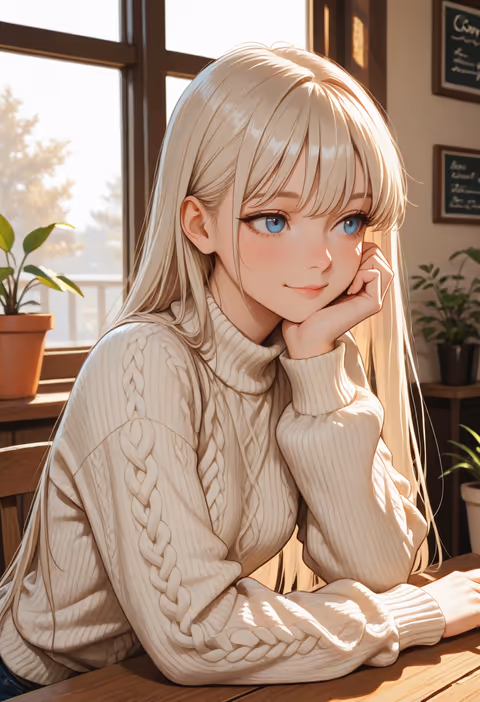 An illustrated scene of the same companion, same outfit and cafe, another beat of one session