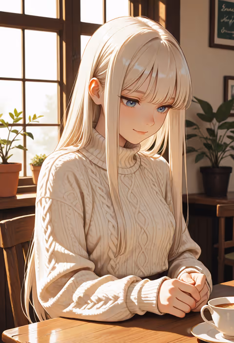 An illustrated scene of the same companion, same outfit and cafe, another beat of one session