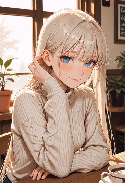 An illustrated scene of the same companion, same outfit and cafe, another beat of one session