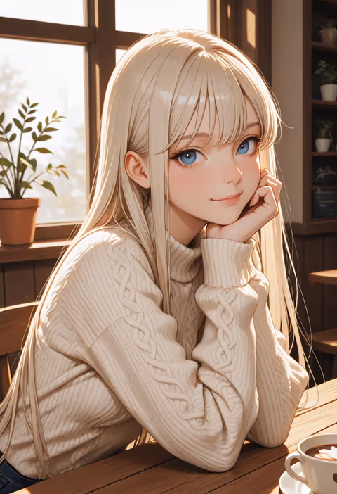 An illustrated scene of the same companion, same outfit and cafe, another beat of one session