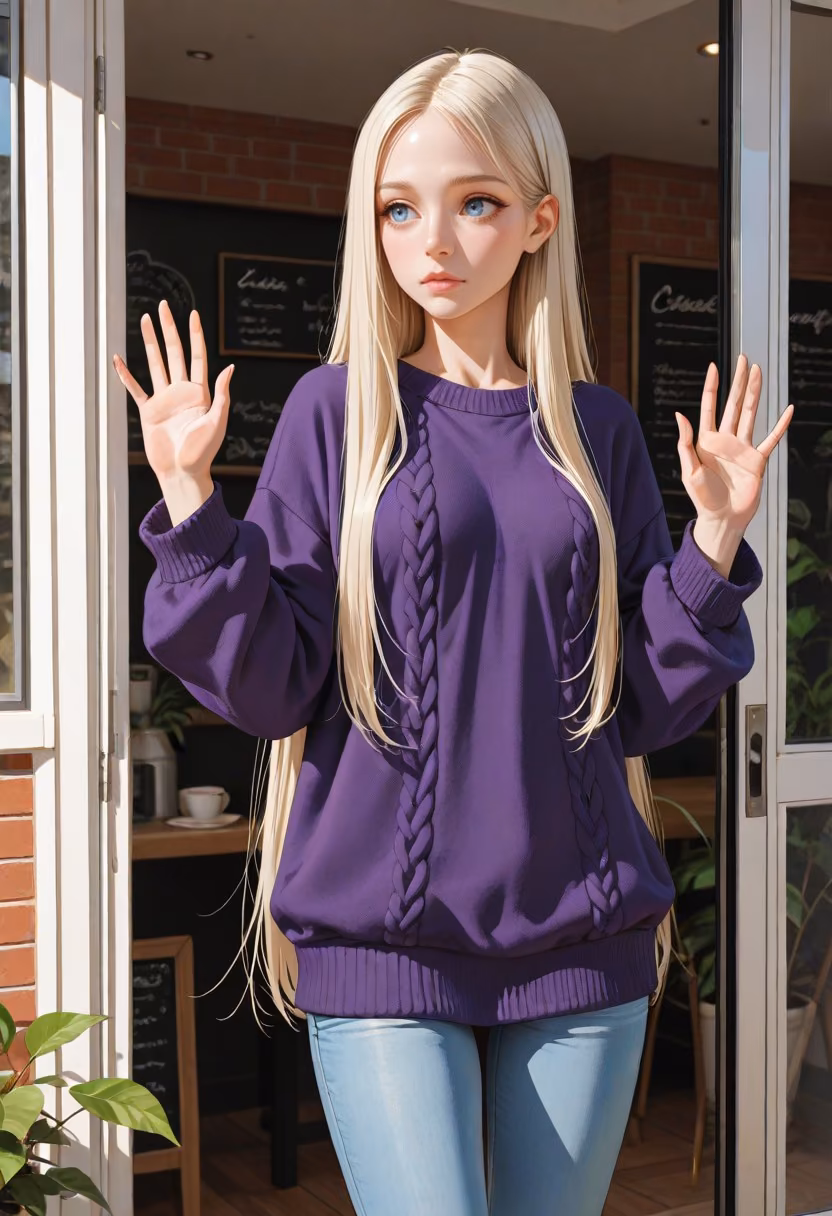 The same AI roleplay character moments later at the cafe door in the same outfit — continuity kept by the story, not a re-rolled image