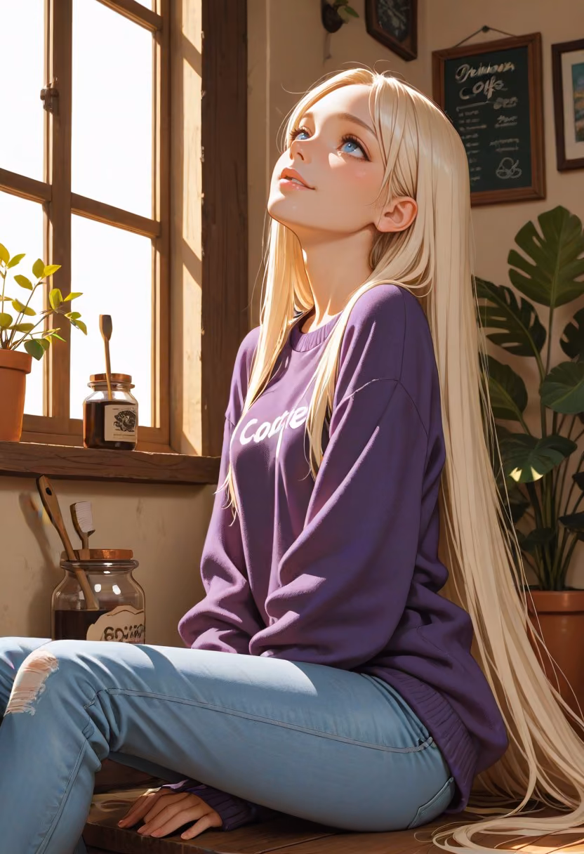 Illustrated AI roleplay scene drawn from the story: a companion at a cafe window seat in a purple sweater and jeans