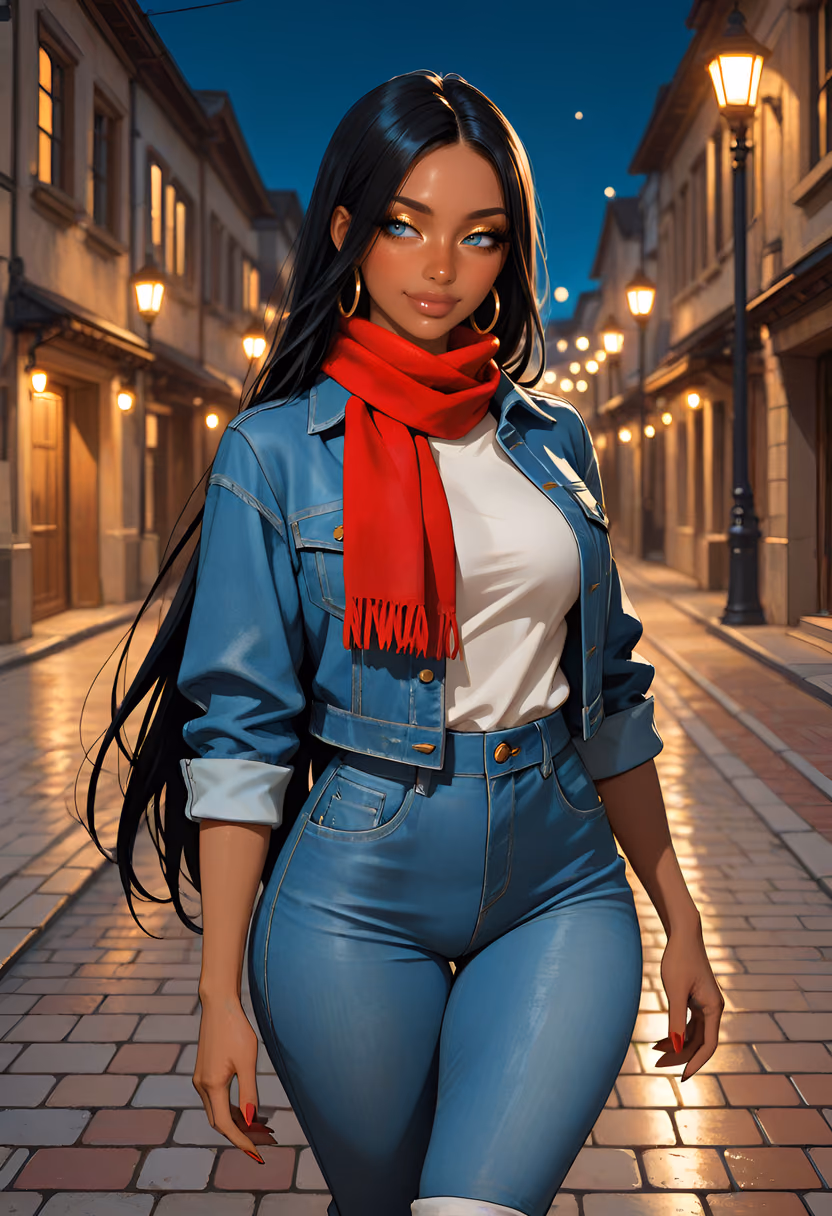 Celeste qui marche la nuit sur le chemin de halage du canal, en veste en jean et écharpe rouge