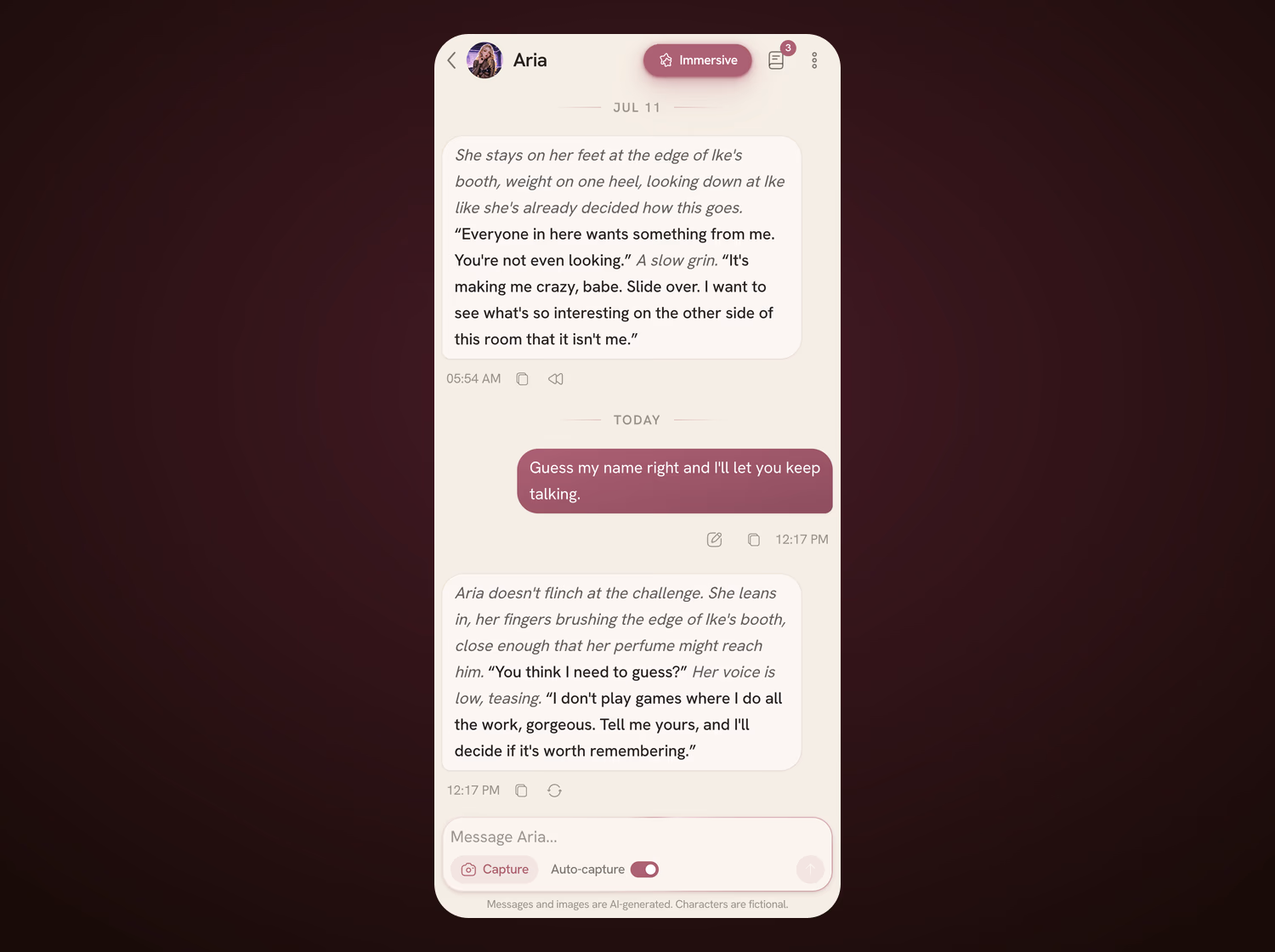Der Chat läuft im Vollbild auf einem Handy: ein Gespräch mit Aria, das Wochen später fortgesetzt wird, mit der früheren Szene und der heutigen Antwort im selben Thread.